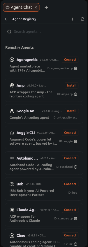 Agent Chat panel showing the agent registry with agents to connect or install