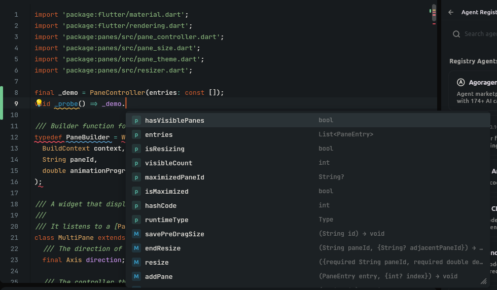 Code completion popup listing PaneController members with their types and signatures