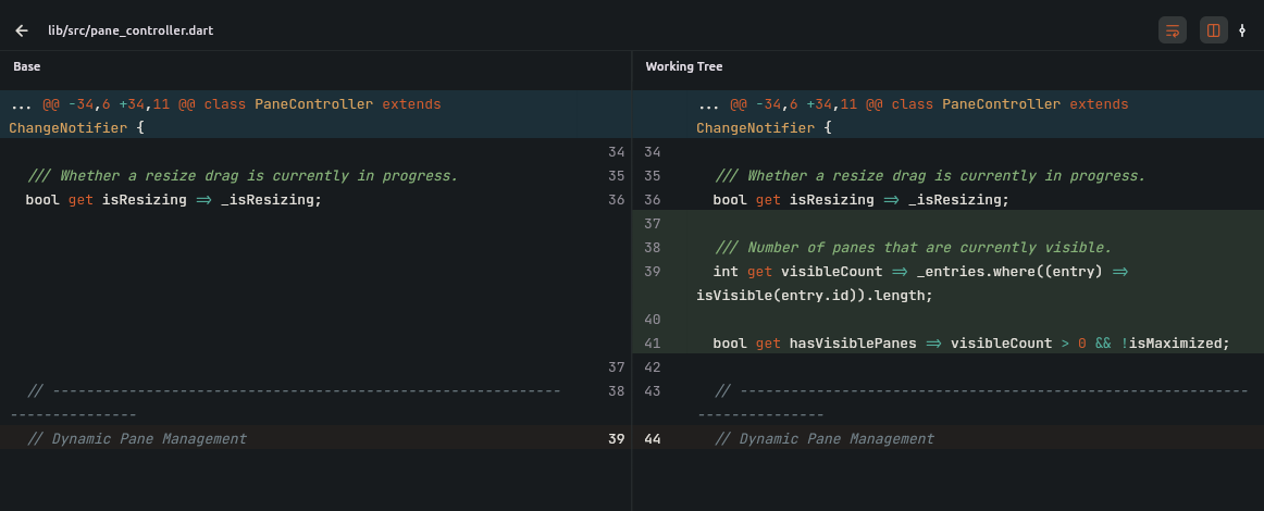 Side-by-side diff of pane_controller.dart, with the added lines highlighted on the working tree side