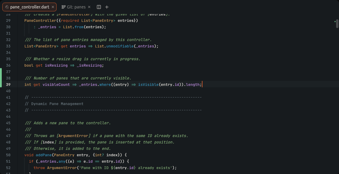 Lumide editor showing a Dart file with syntax highlighting, indent guides and Git change markers in the gutter