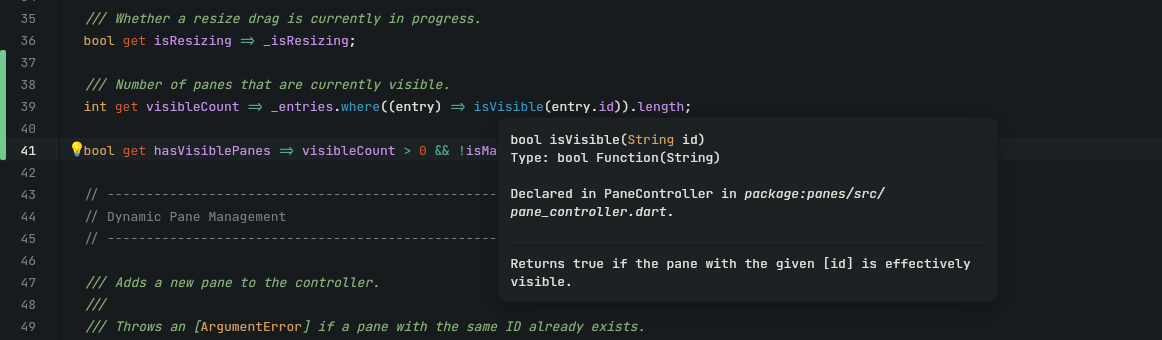 Hover tooltip for isVisible showing its signature, declaring class and doc comment