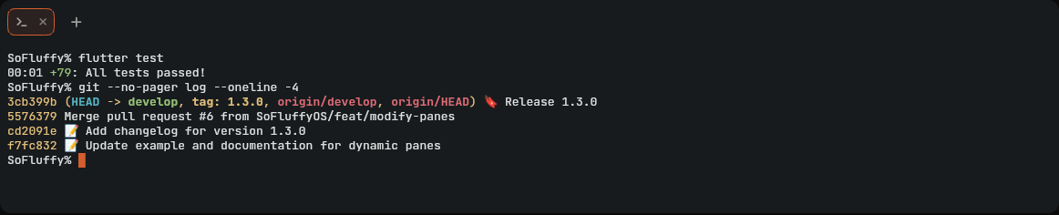 Integrated terminal in the bottom panel after running flutter test and git log