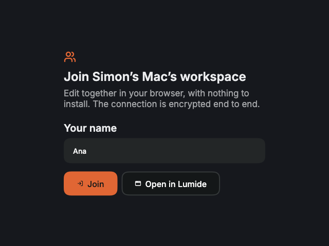 Join page in a browser: the host's name, a name field, Join and Open in Lumide