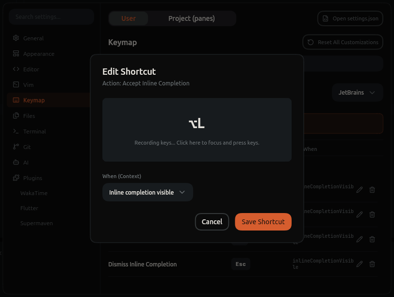 Edit Shortcut dialog recording a key combination for Accept Inline Completion
