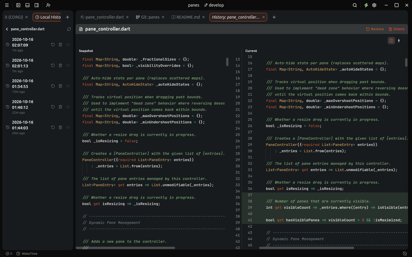 Local History timeline for pane_controller.dart next to a snapshot versus current comparison