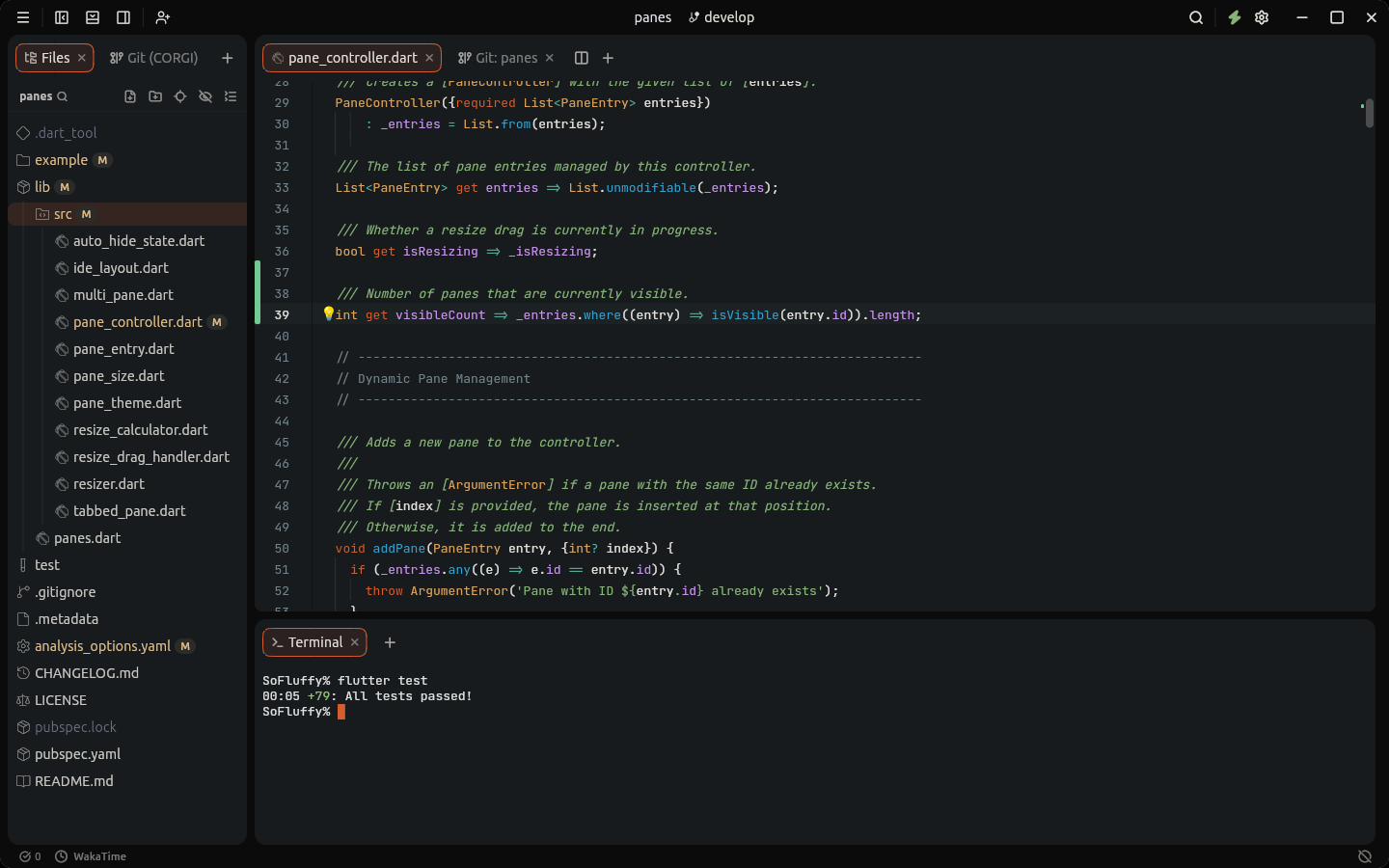 Lumide with the panes package open: file tree, a Dart file in the editor and the terminal after flutter test