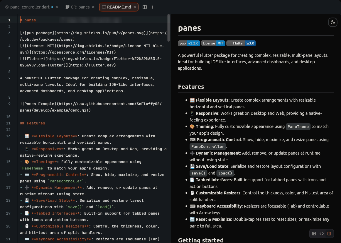 README.md open side by side with its rendered Markdown preview