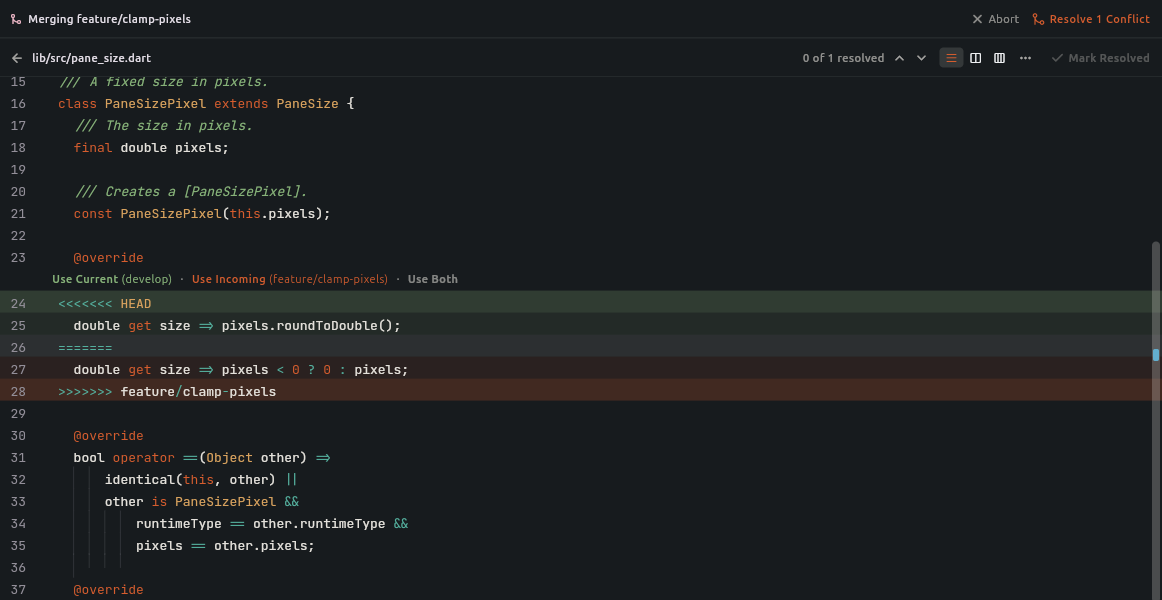 Conflict editor for pane_size.dart with Use Current, Use Incoming and Use Both above the conflict and the resolved count in the header