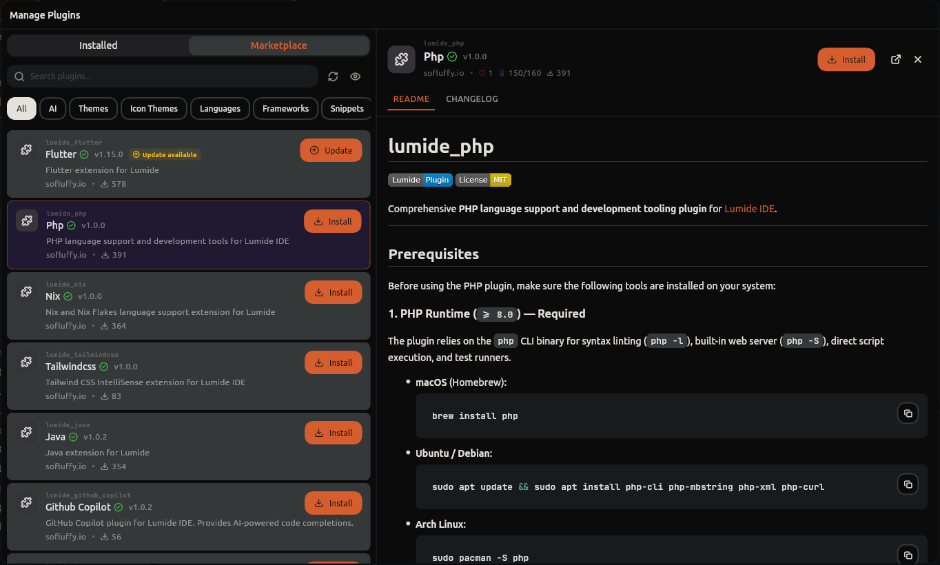 Plugin manager on the Marketplace tab, with the plugin list and the selected plugin README