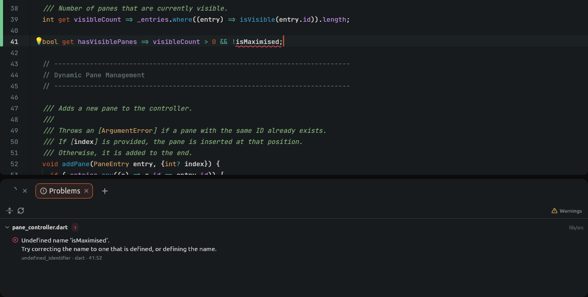 Problems panel listing an undefined name error in pane_controller.dart, with the squiggle in the editor above