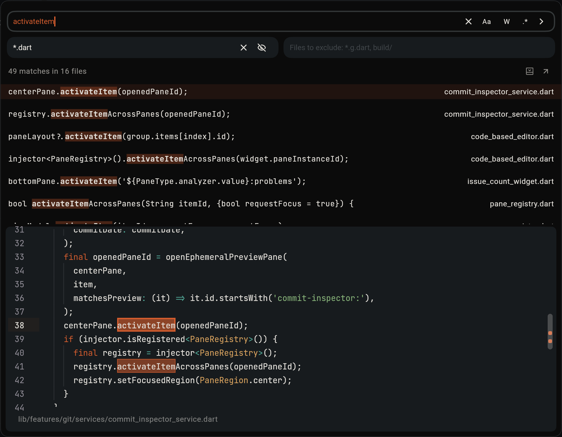 Project search for activateItem in Dart files, with Files to Include and Files to Exclude side by side, matches listed by file and a preview of the selected match