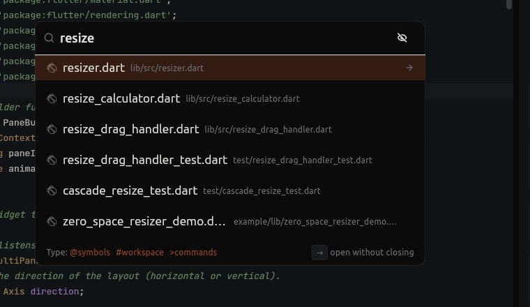 Quick Open matching files for the query resize