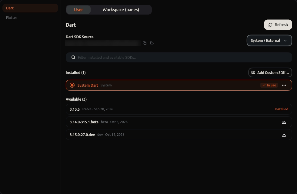 SDK Manager on the Dart page, showing the SDK source, the installed SDK and available releases