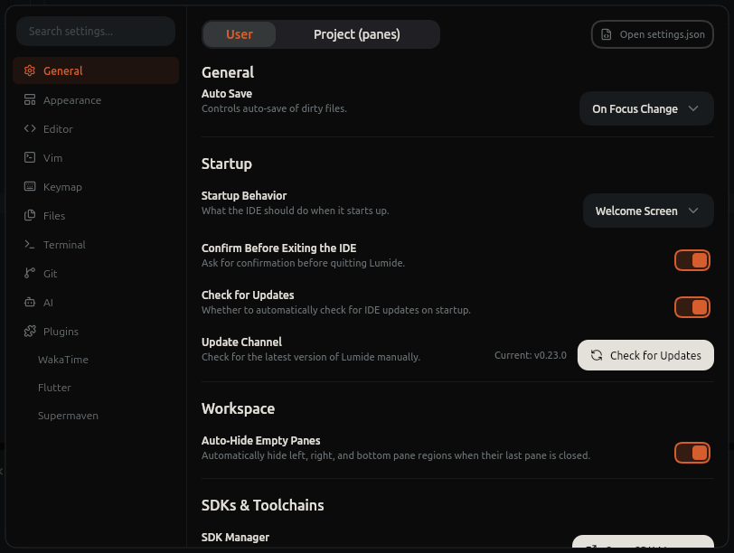 Settings dialog on the General page, with the settings categories in the sidebar