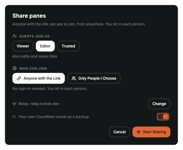 Share dialog: the role guests join as, who can join, and the relay with Change