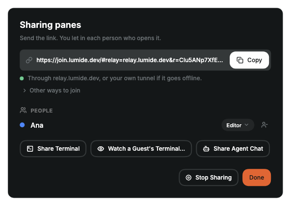 Sharing dialog: the invite link with Copy, how people reach you, Other ways to join, and the people who joined