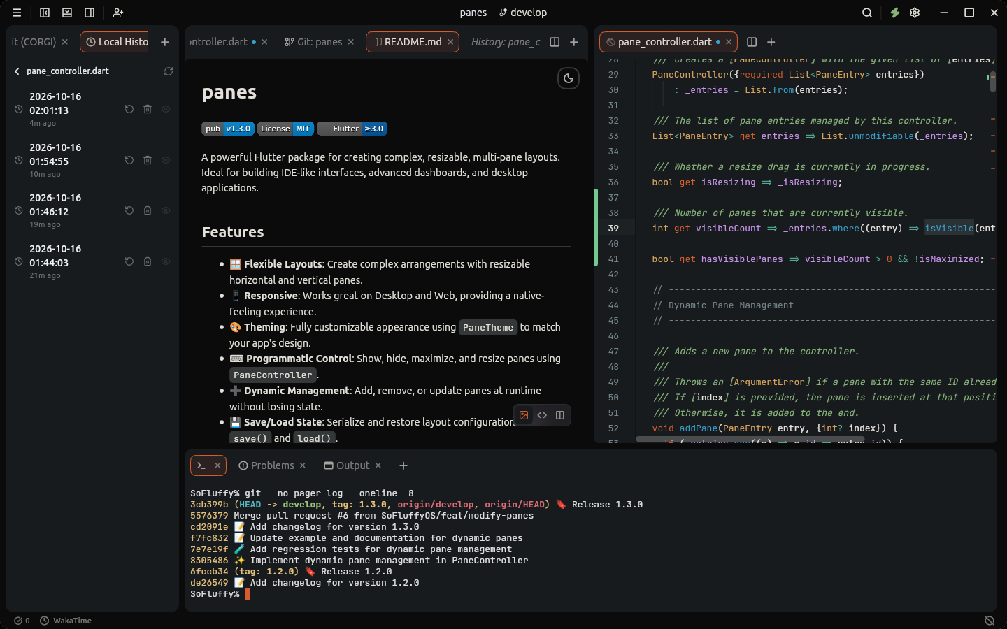 Split panes: a Markdown preview and a Dart editor side by side, Local History on the left and a terminal below