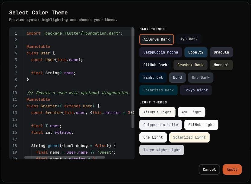 Select Color Theme dialog with a syntax preview and the dark and light themes