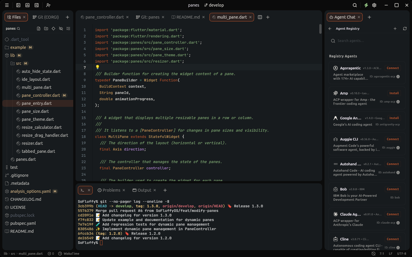 Lumide workspace layout: Files on the left, the editor in the center, the terminal in the bottom panel and Agent Chat on the right